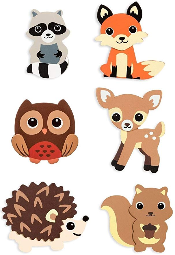 Natural Wood Painted Woodland Creatures Cutouts- 6 Count - Hedgehog, Squirrel, Owl, Deer, Fox and Raccoon