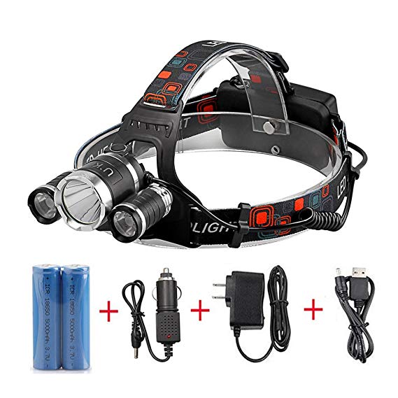 Rechargeable Headlamp, 5000 Lumen Powerful Waterproof LED Headlights Helmet Light with Batteries Car Wall Chargers Great for Night Camping Hiking Hunting Fishing Club Headlamps by U`King