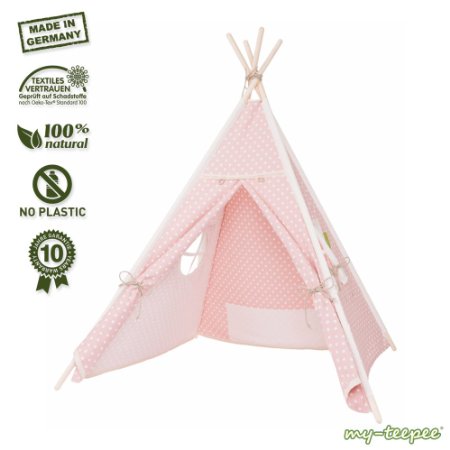 my-teepee play tent for girls plastic free natural materials 10 years guarantee wooden frame cover 100 cotton Oekotex 100 height 49 ft 150 cm lockable windows colour pink with white dots