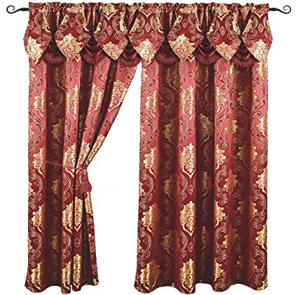 Luxury Jacquard Curtain Panel with Attached Waterfall Valance, 54 by 84-Inch Angelina Burgundy