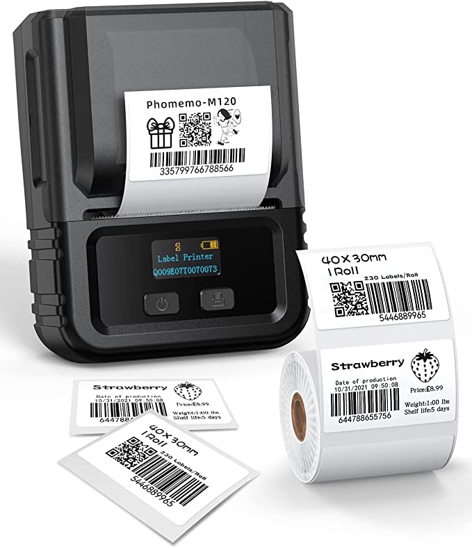 Phomemo M120 Label Printer - Bluetooth Label Maker Machine Thermal Label Printer Machine Handheld Wireless for Barcode,Retail,Home,Office,Small Business with 1 Roll Label Paper for IOS,Android