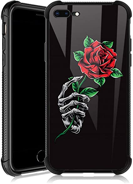 iPhone 8 Case,Skeleton Hand Holding Rose iPhone 7 Cases for Girls,Tempered Glass Back Cover Anti Scratch Reinforced Corners Soft TPU Bumper Shockproof Case for iPhone 7/8 Skull Red Flower Leaves