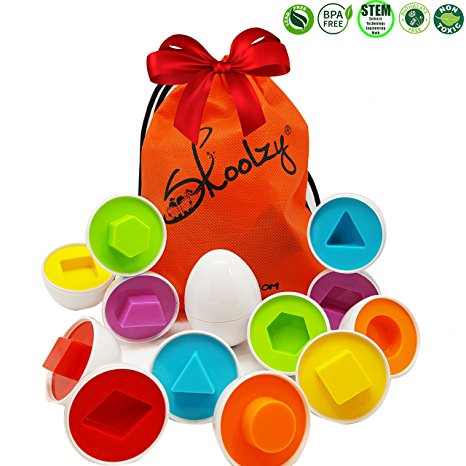 Skoolzy Egg Basic Shapes & Colors Preschool Toys with Tote Montessori Matching Motor Skills Game Easter Egg Geometric Shapes