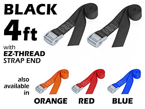 1½" x 4ft PowerTye Made in USA Heavy-Duty Lashing Strap with Heavy-Duty Buckle, Black, 2-Pack