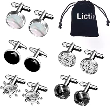 Lictin Men's Cufflinks Cuff Links for Men, Stainless Steel Tuxedo Shirt Cuff Links Set, Men’s Jewelry or Accessories for Business, Wedding, or Anniversary Gift, 5 Pairs