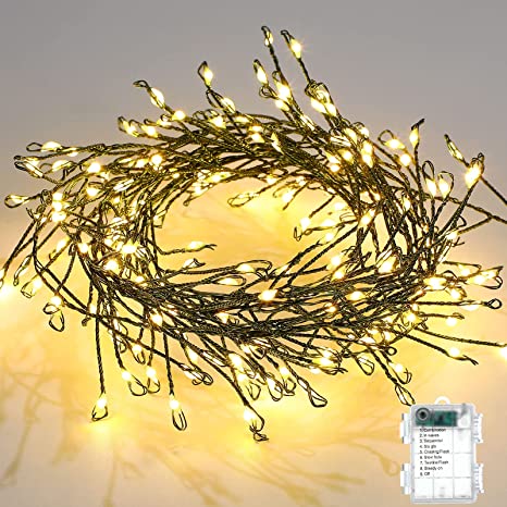 8 Feet 200 LED Starry Lights, Battery Operated Waterproof Copper Wire Firecracker String Lights for Outdoor Indoor Party, Xmas, Garland, Wreath, Garden, Wedding Decors (Green Wire, Warm Light)