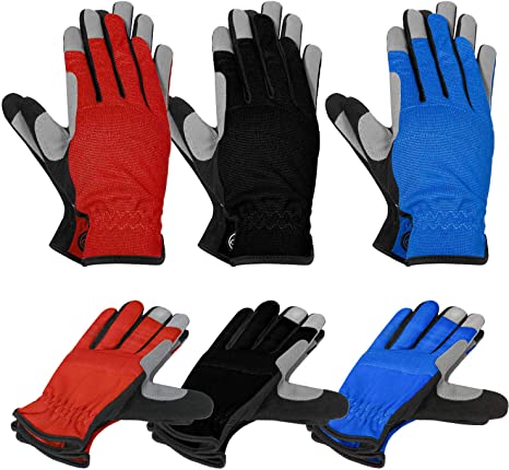 MOREOK Work Gloves Gardening Gloves Touch screen,Synthetic Leather Utility Gloves Light Duty Work Gloves- Padded Knuckles & Palm-3Pairs-Large