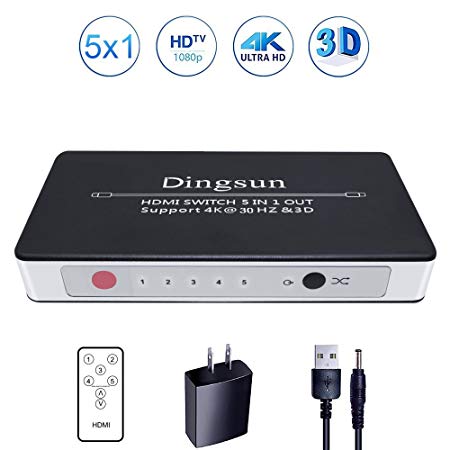Dingsun 5 Port HDMI Switch, HDMI Switch with Remote, HDMI Switch Box Support 4K, 1080P, 3D (5 IN 1 OUT HDMI Switch)
