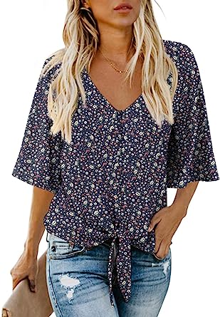 AWULIFFAN Women's Casual V Neck Batwing Sleeve Tops Tie Front Chiffon Blouses Button Down Shirts