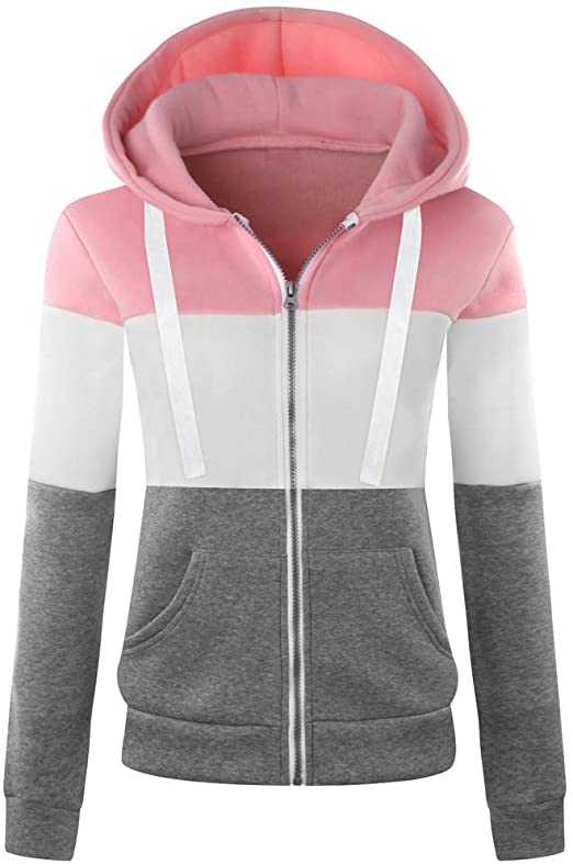 Newbestyle Women's Casual Color Block Zip Up Hoodie Jacket with Pocket