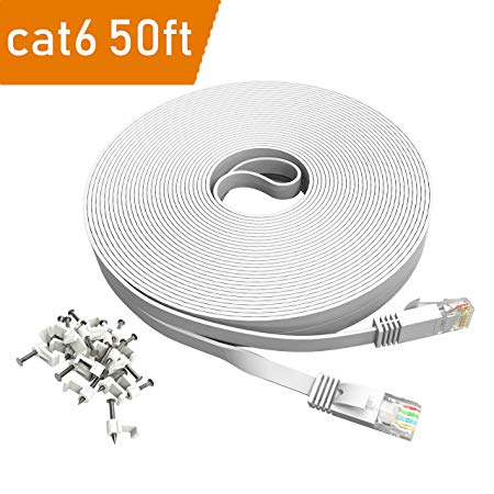 Cat 6 Ethernet Cable 50 ft – DaBee Flat Wire LAN Rj45 High Speed Internet Network Cable Slim with Clips – Faster Than Cat5e Cat5 with Snagless Connectors- (15 Meters) (50FT-White)