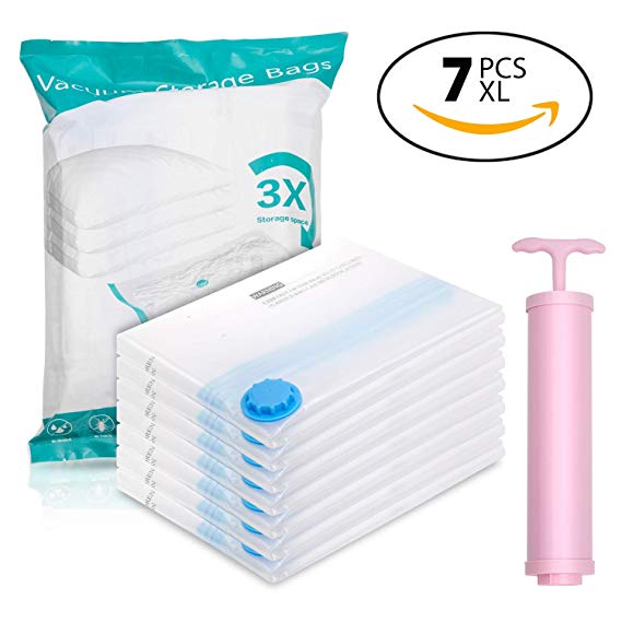 Space Saver Bags Jumbo Size 7 Pack 40 X 31 Inch Thick PA Plus PA Anti Microbial Material Anti Re Inflate Double Sealed and Airtight Vacuum Storage Bags with Hand Air Pump