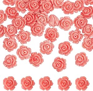 SUNNYCLUE 1 Box 50PCS 10mm Pink Rose Flower Beads Carved Rose Beads Synthetic Coral Shell Cinnabar Floral Loose Prayer Spacer Beads for Jewelry Making Beading Bracelet Scrapbooking valentine's day DIY