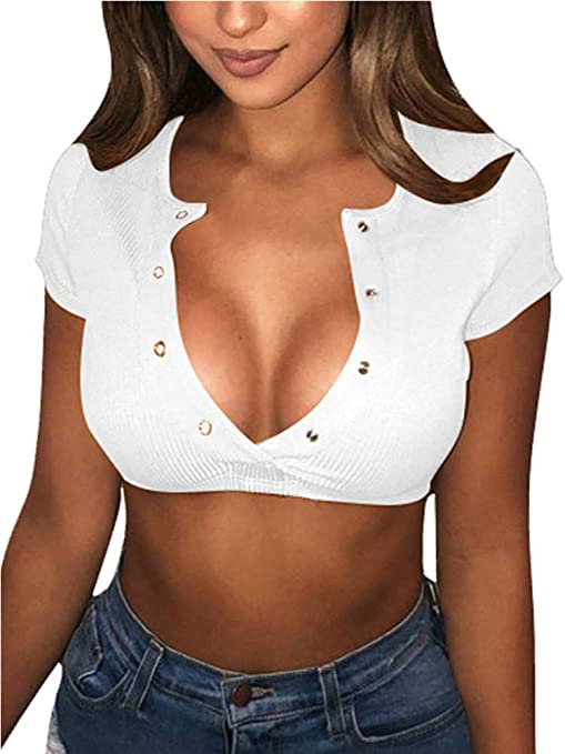 YMDUCH Women's Sexy Short Sleeve Button Knitted Ribbed Casual Basic Crop Top