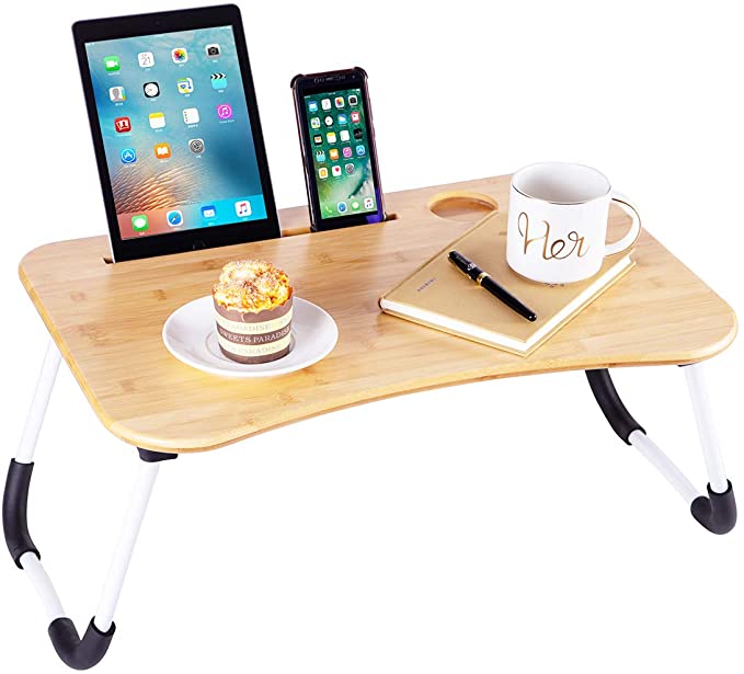 ZHU CHUANG Multifunctional Lap Desk Breakfast Serving Bed Tray Sofa Tray with Foldable Legs Natural Color 100% Solid Bamboo (Simple(Bamboo & Metal))