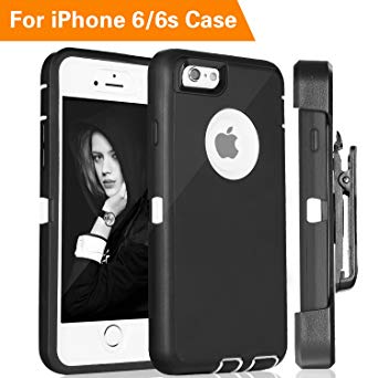 FOGEEK iPhone 6 Case, Heavy Duty Protective Combo Defender 360 Degree Rotary Belt Clip & Kickstand Case Cover Compatible for iPhone 6/6S （NOT Plus） (Black and White)