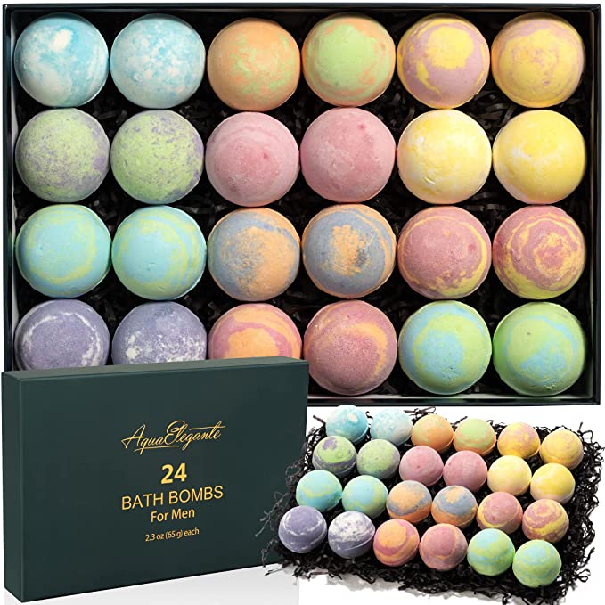 Luxury Bath Bombs for Men - Gift Set of 24 Bathbombs with Organic Essential Oils - Natural Vegan Soap for Moisturizing Fizzy Bubbles