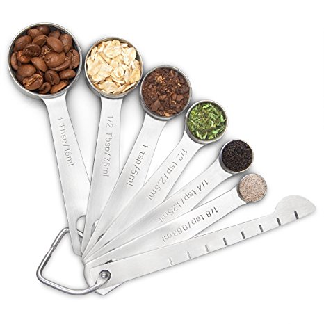 Bigear Stainless Steel Measuring Spoons with Measuring Ruler for Measuring Solid and Liquid Ingredients,Tablespoons for Cooking and Baking, Set of 7 by Bigear