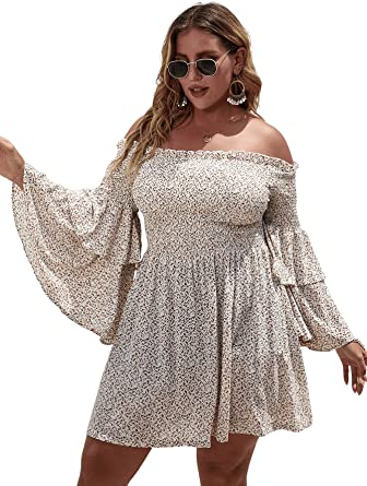 Romwe Women's Plus Size Floral Off The Shoulder Bell Long Sleeve A Line Flared Dress