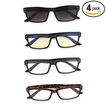 Inner Vision 4-Pack Reading Glasses Set for Men & Women (1.5 x Magnification), Includes: 2 Clear Readers, Reading Sunglasses, Anti Blue Light Computer Glasses