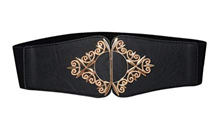 Modeway Womens Retro Wide Leather Golden Buckle Elastic Stretch Cinch Waist Belt
