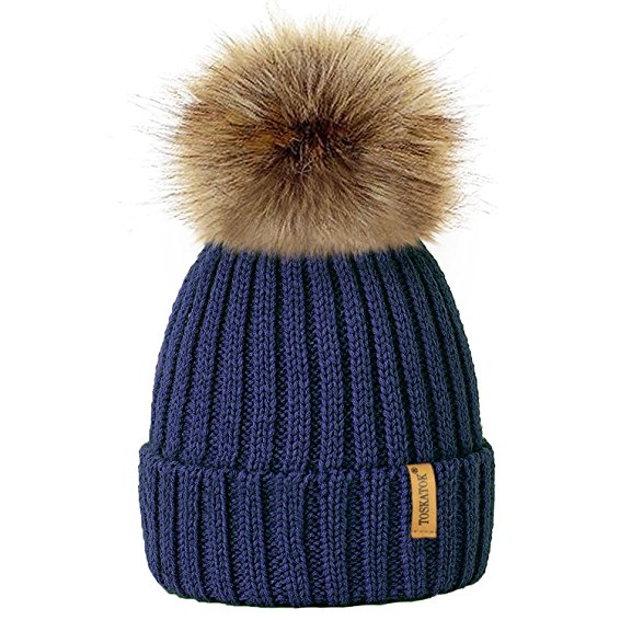 TOSKATOK®Womens Winter Rib Knitted Hat / Beanie with Detachable Chunky Faux Fur Bobble Pom Pom - available in 10 colours