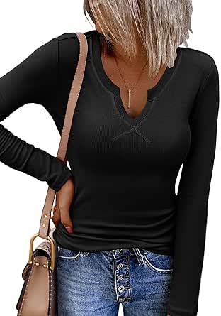 Zeagoo Womens Long Sleeve Shirts V-Neck Slim Fitted Knit Top Stretch Ribbed Basic Tee Casual Y2k Going Out T-Shirt