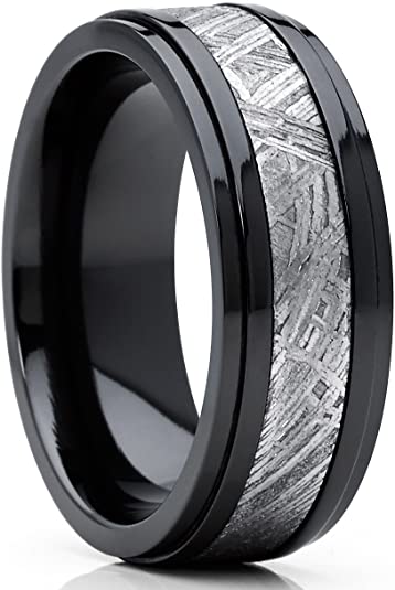 Metal Masters Co. Solid Black Zirconium and Real Muonionalusta Meteorite Inlay Wedding Band Engagement Ring 8mm