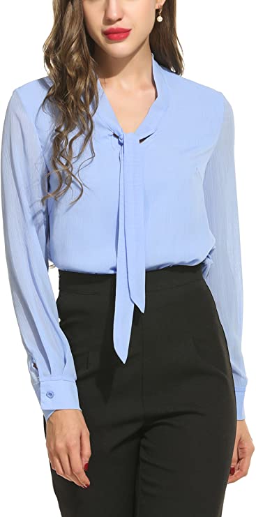 ACEVOG Womens Bow Tie Neck Long/Short Sleeve Casual Office Work Chiffon Blouse Shirts Tops