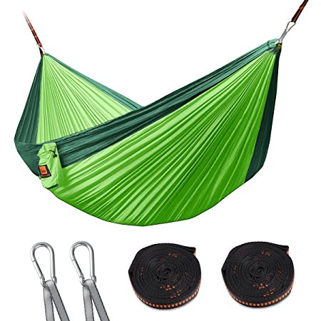 HiCool Outdoor Double Camping Hammocks Lightweight Nylon Parachute Hammock Ultralight Portable Garden Hammock With Hammock Tree Straps for Backpacking, Travel, Beach, Yard