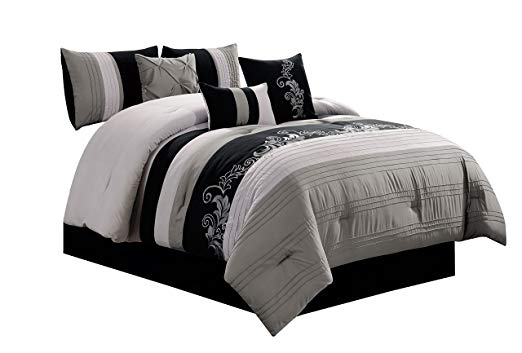Chezmoi Collection Napa 7-Piece Luxury Leaves Scroll Embroidery Bedding Comforter Set (Full, Light Gray/Black)