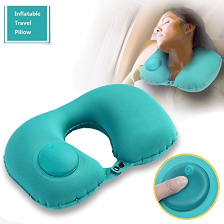 Travel Pillow Inflatable Neck Pillow Airplanes Push-Button Daydreamer Supports Head for Cars, Trains, Office Napping (Blue)