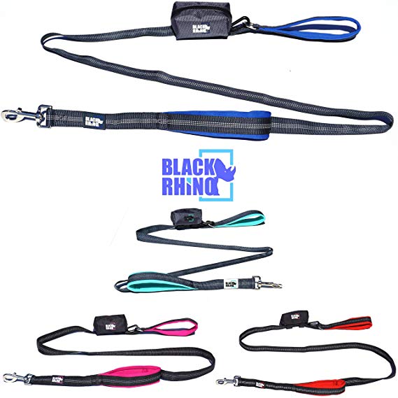 Black Rhino The Comfort Grip - Heavy Duty Dual Handle Dog Leash for Med - Large Dogs | 6' Long | Double Handle Lead for Dog Training Walking & Running Neoprene Padded Handles - Poop Bag Pouch Included