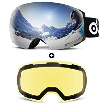 Odoland Magnetic Interchangeable Ski Goggles with 2 Lens, Large Spherical Frameless Snow Goggles for Men & Women, OTG and UV400 Protection