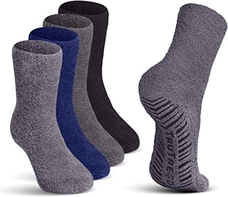 TruTread Fuzzy Socks for Women & Men - Non Slip/Skid Hospital Crew Socks-4 Pairs