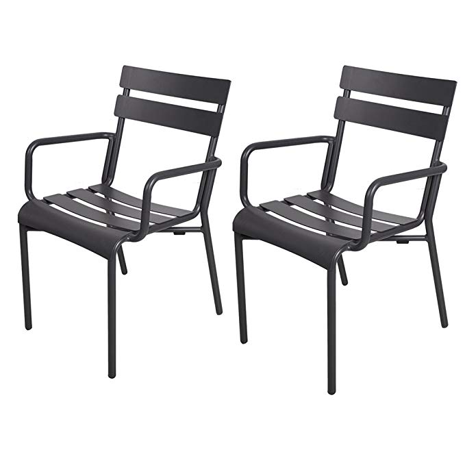 Dporticus Indoor-Outdoor Aluminum Chairs With Slat Back and Seat, Restaurant Stackable Chair Commercial and Residential Use Black - Set of 2