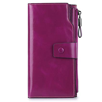 S-ZONE Women’s RFID Blocking Wallet Large Capacity Luxury Wax Genuine Leather Wallet Purse with Zipper Pocket