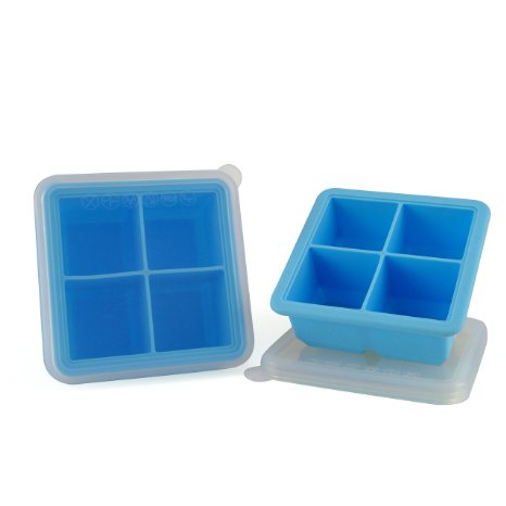 MIREN 2 Inch Large Premium Silicone Ice Cube Tray with Lid,4 Cube,Set of 2,Blue