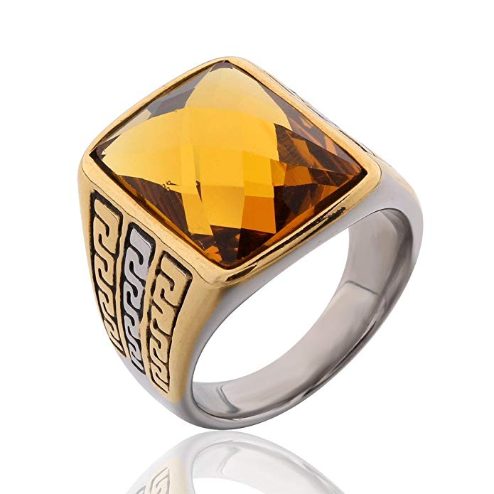 MASOP Stainless Steel Fashion Yellow Topaz Color Rhinestone Crystal Ring for Men and Women