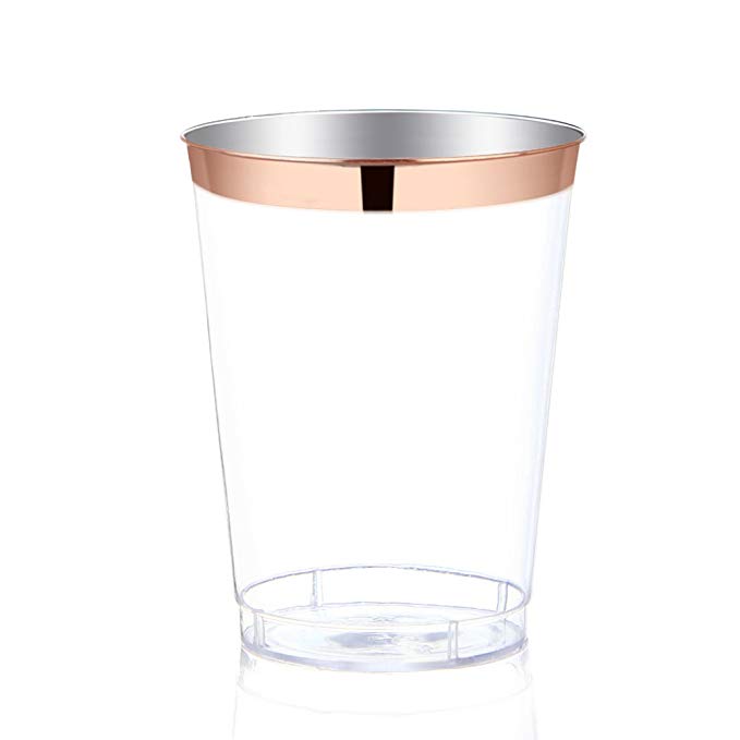 WDF 9 oz Rose Gold Plastic Cups -Disposable Clear Plastic Cups With Rose Gold Rim-Hard Party/Wedding Plastic Tumblers 60Pack (Rose Gold Trim)