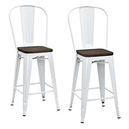 DHP Luxor Metal Counter Stool with Wood Seat and Backrest, Set of two, 24", White