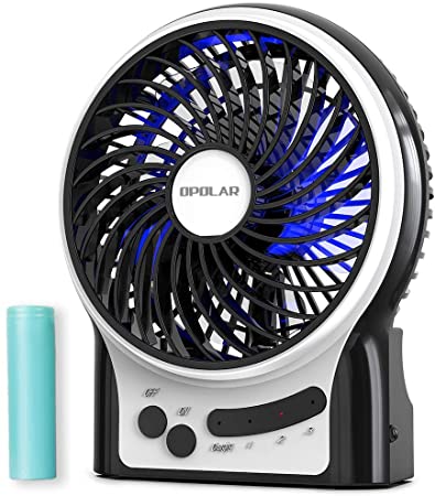 OPOLAR Mini Portable Battery Operated Desk Fan with 3-13 Battery Life, Rechargeable & USB powered Handheld Fan for Desk Beach Camping, 3 Speeds, Strong Airflow, Internal Blue Light& Side Flash Light