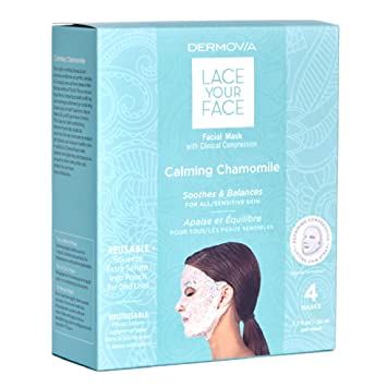 LACE YOUR FACE Patented Compression Facial Mask, AS SEEN ON SHARK TANK, Reusable Biodegradable Cotton Anti Aging Skin Care, Calming Chamomile, 4 pack