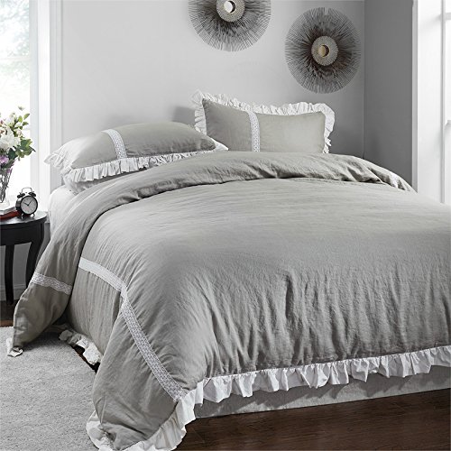 Simple&Opulence 100% Stone Washed Linen Frill Floral Flax Duvet Cover Set (Queen, Floral Grey)