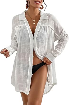 Bsubseach Long Sleeve Cover Up Oversized White Button Down Shirt Women Black Coverup