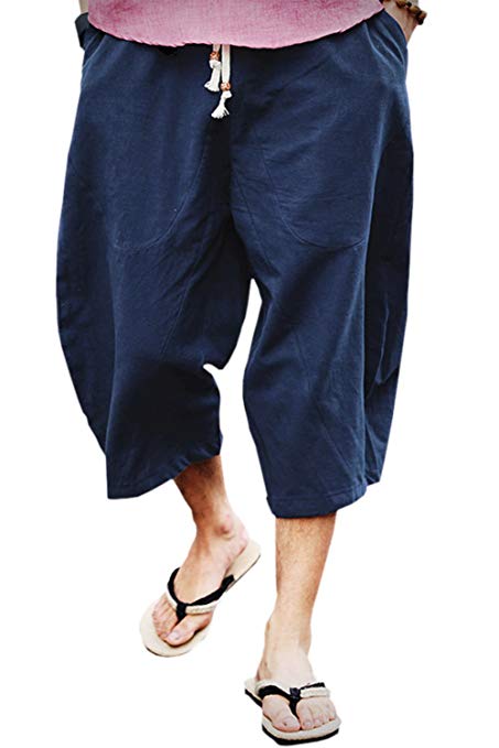 KAMUON Mens Casual Baggy Cotton Linen Pocket Lounge Harem Pants Beach Long Shorts