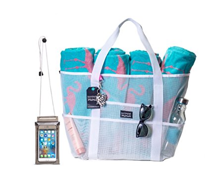 Bombshell Beach Bags - extra large mesh beach bags or beach totes with keychain, zip pouch and waterproof phone case.