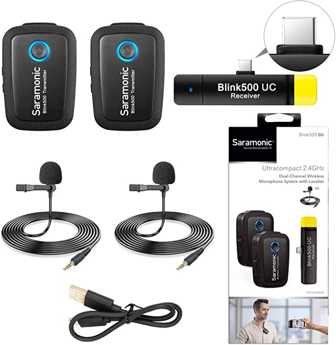 2.4GHz Wireless Microphone System Two Transmitters for USB-C Devices, Saramonic Ultracompact Dual-channel Mic for Type-C Smartphones Pad Tablet Huawei Mate 10 Samsung Galaxy Note 9 Plus Xiaomi LG Live