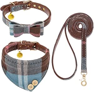 EXPAWLORER Dog Collar and Leash Set - Classic Plaid Bow Tie & Dog Bandana Collar with Bell, Dog Leash Tangle Free, Adjustable Collars for Puppy Small Dogs and Cats, Holiday Ideal Gift, Blue XS