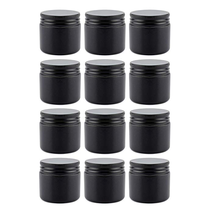 Cornucopia 2-Ounce Black Coated Glass Jars (12-Pack); Cosmetic Jars with Black Metal Lids and Black Matte Exterior